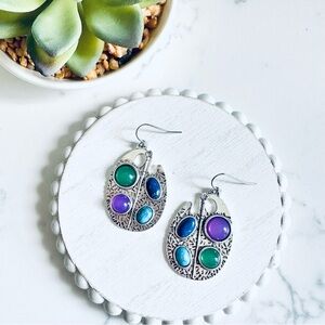 2/$30🌵 Silver Painter’s Pallete Tray Earrings Faux Turquoise Purple Stones Art